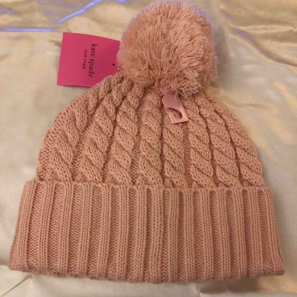Kate Spade 100% Acrylic Cable Knit Beanie Color English Rose Pom Pom OS NWT